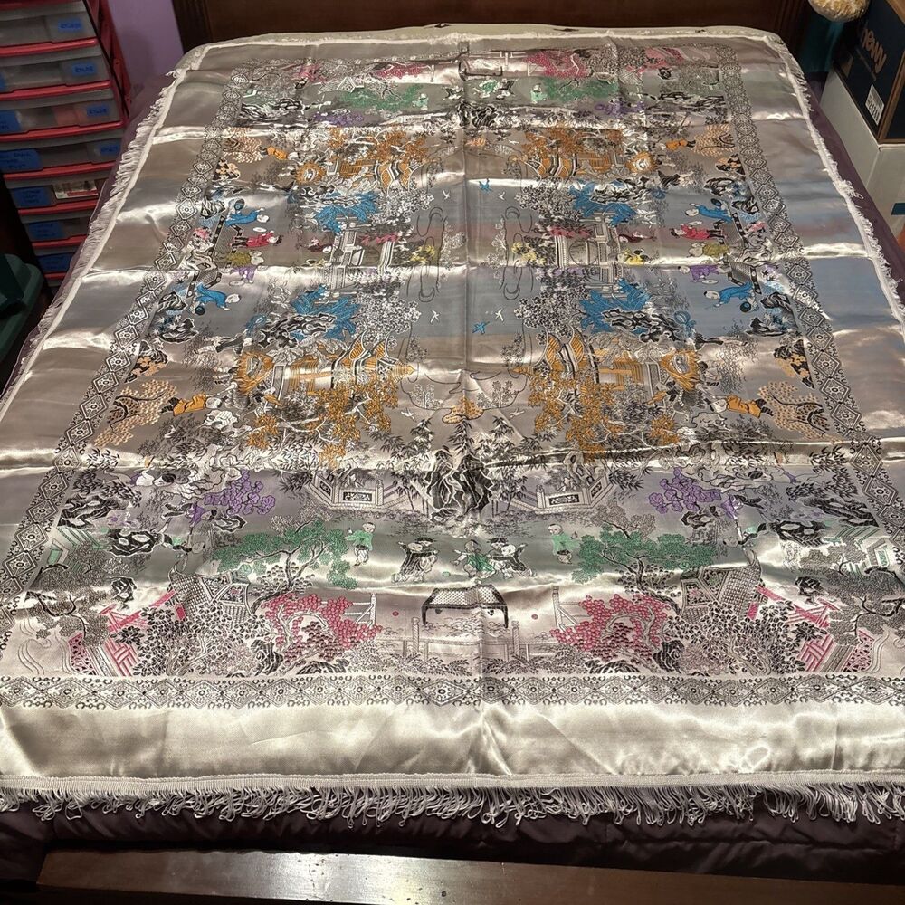 Vtg Brocade Flowers Chinese Woven Silk Tapestry Tablecloth Children Silver Fring
